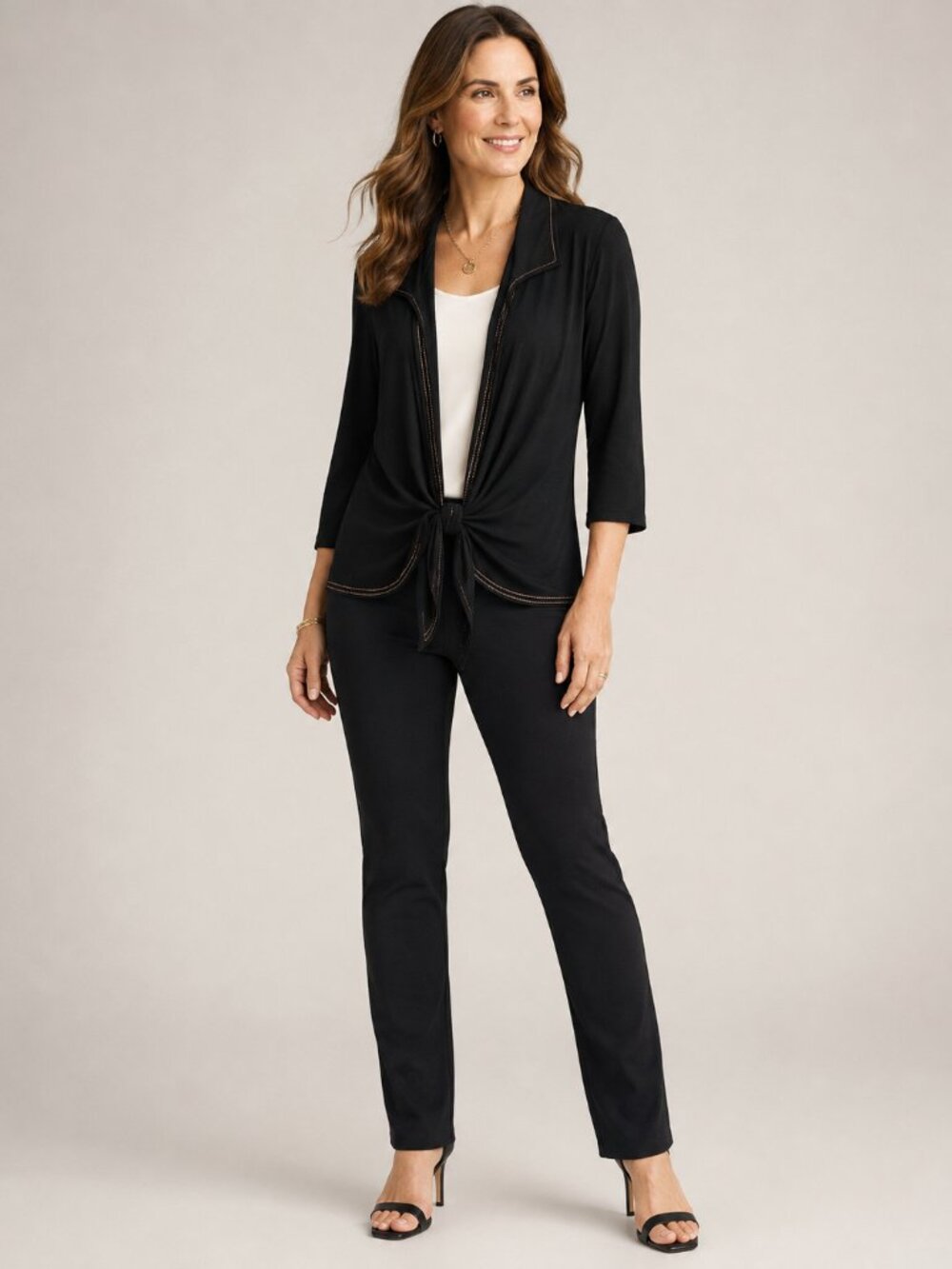 Chico’s Travelers Black Tie Front Jacket Cardigan Contrast Stitch Size 3 XL
